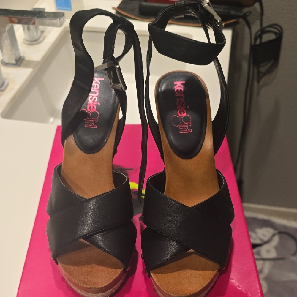 Kensie Girl Black Cross-Strap Ankle-Tie Wedge Sandals